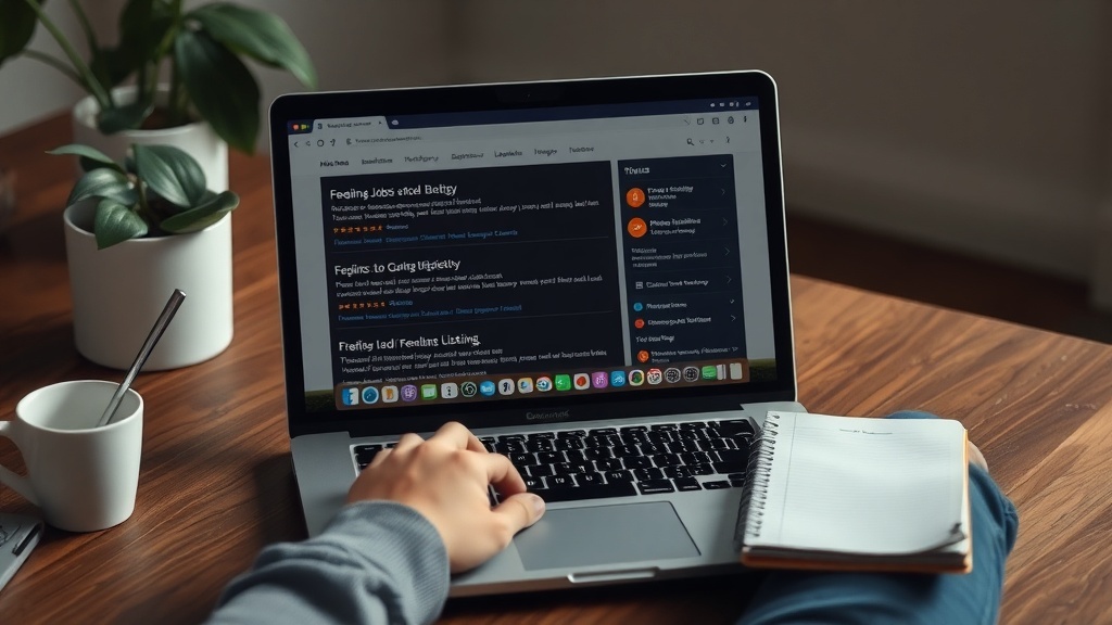 A cozy workspace with a laptop, coffee cup, and notepad, ideal for writing jobs.