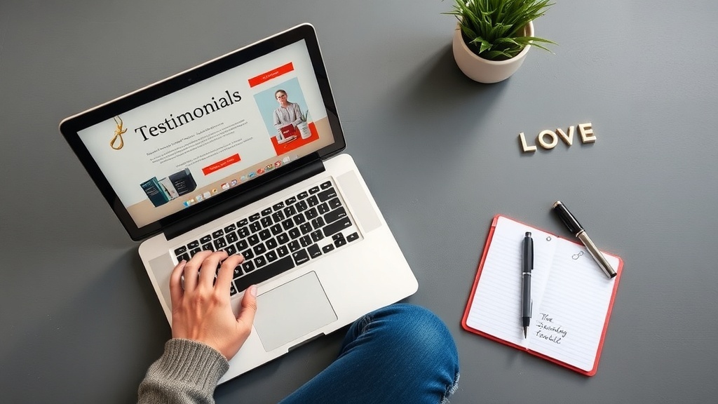 A cozy workspace with a laptop showing a testimonials page, a hand typing, a notepad, and a small plant.