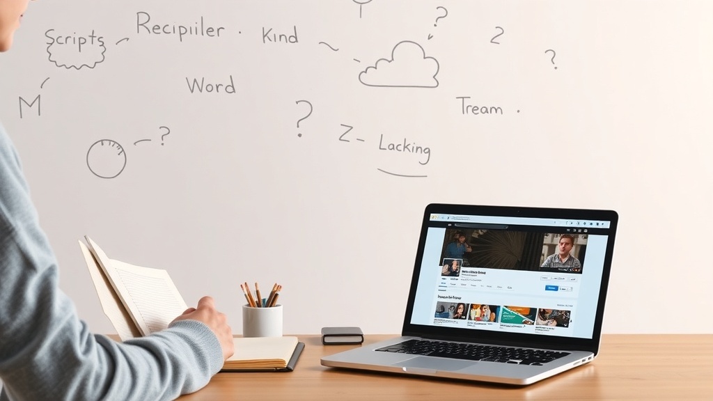 A person brainstorming script ideas for YouTube videos, with a laptop and notes on a wall.
