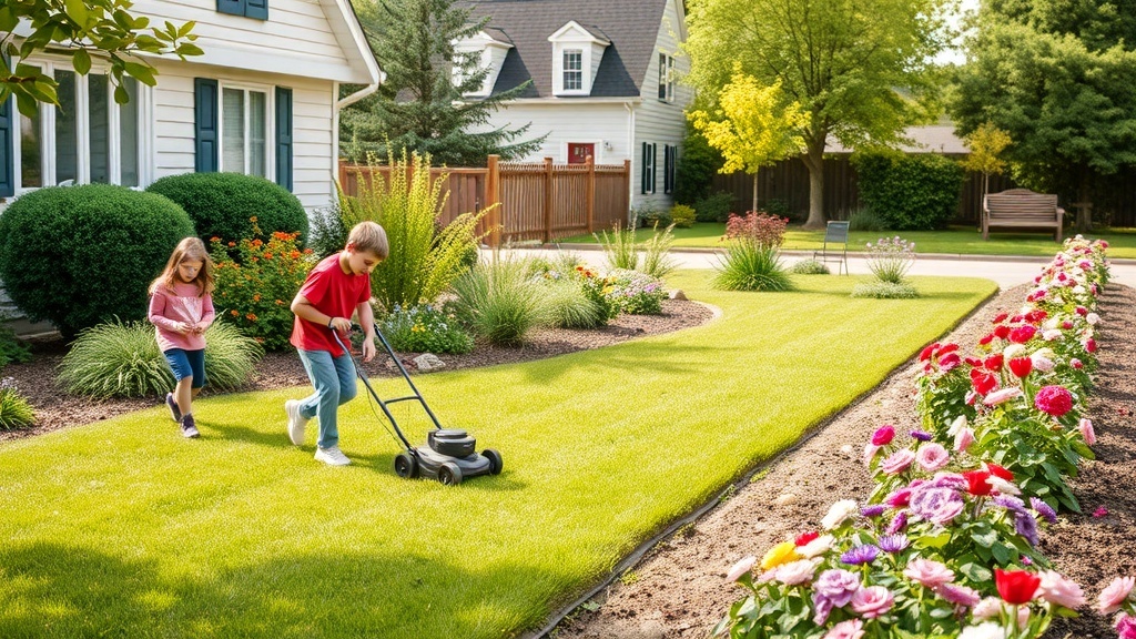 Children doing yard work, one mowing the lawn and the other walking nearby.