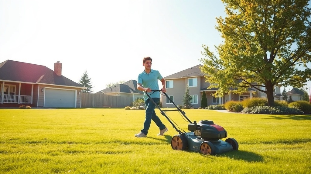 A teenager mowing a lawn on a sunny day