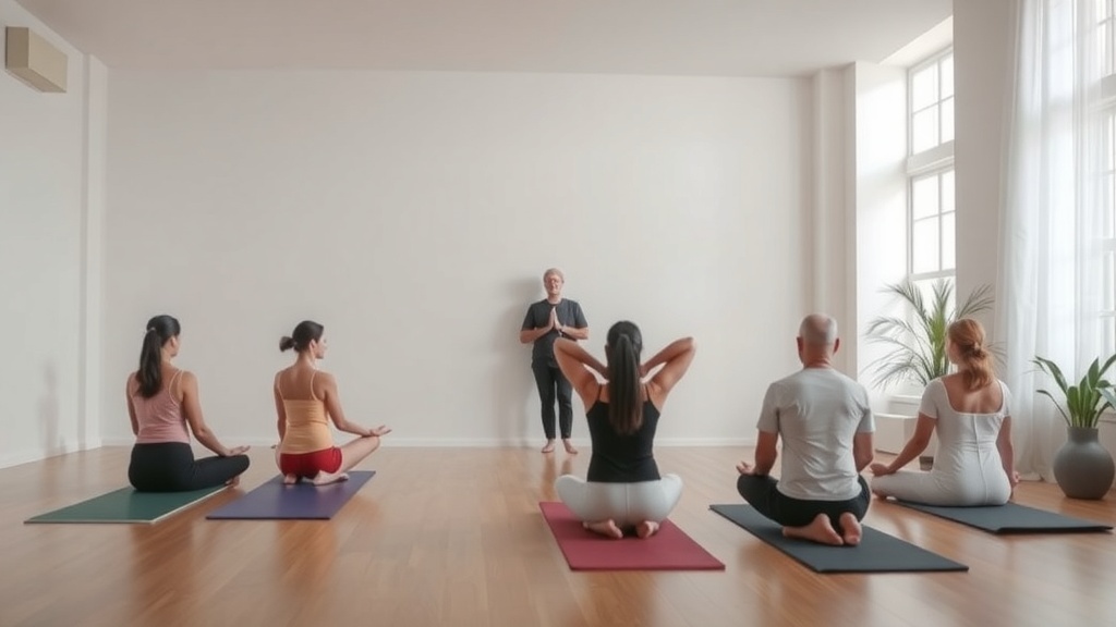 A yoga instructor leading a class in a serene studio with students practicing yoga.
