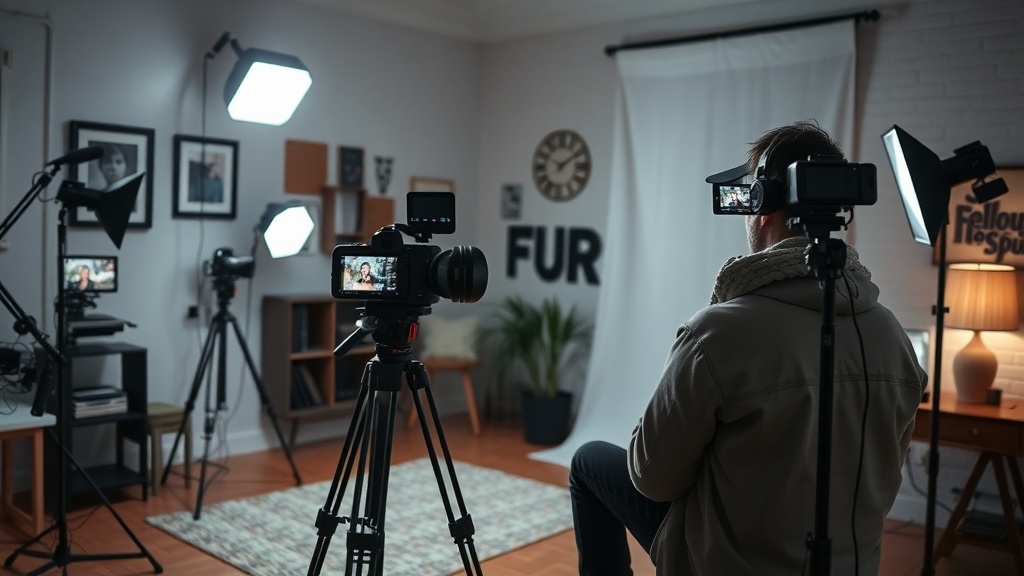 A cozy filming setup with cameras and lights for YouTube content creation.