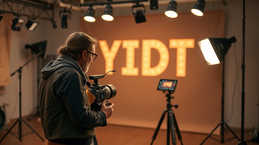 A person with a camera in a studio setting, preparing to create YouTube content.