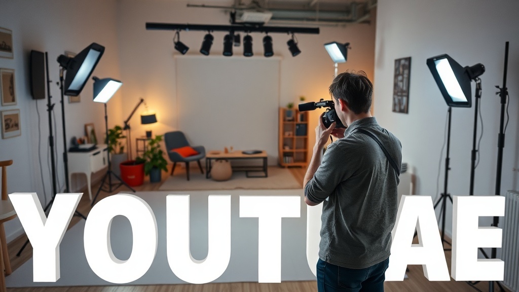 A person filming in a well-lit studio with the word 'YOUTUBE' prominently displayed.