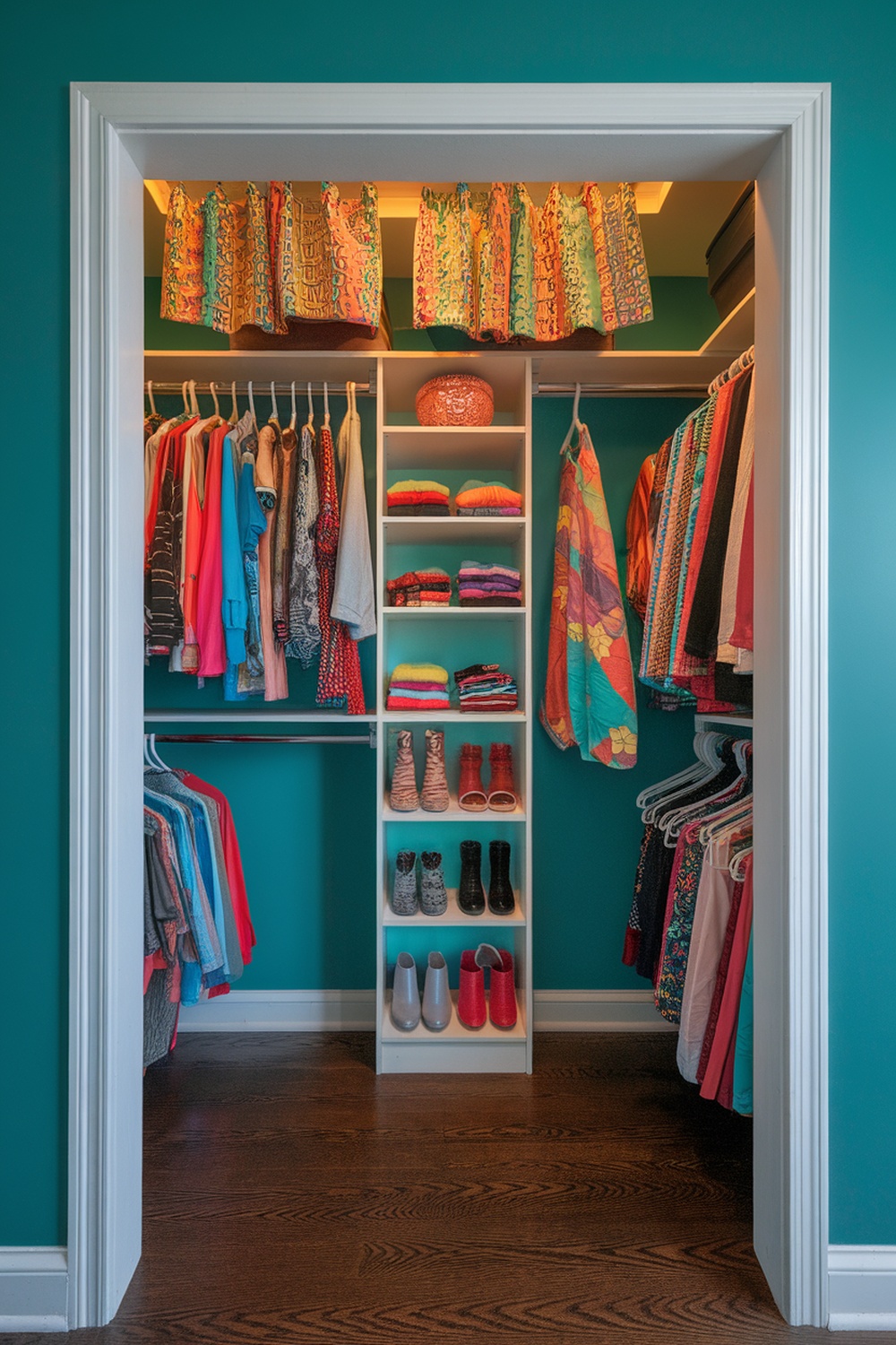 A colorful open closet with teal walls, organized clothing, and vibrant accessories.