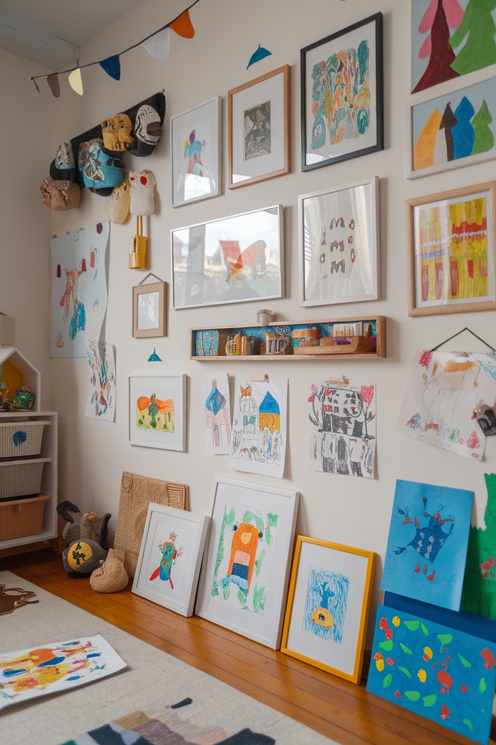 A colorful art display wall featuring children's drawings and framed artwork.