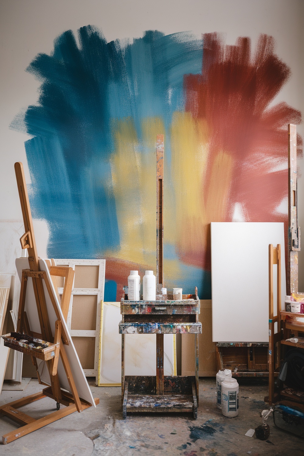 A wall with artistic brushstrokes in blue, red, and yellow, showcasing a creative painting setup.