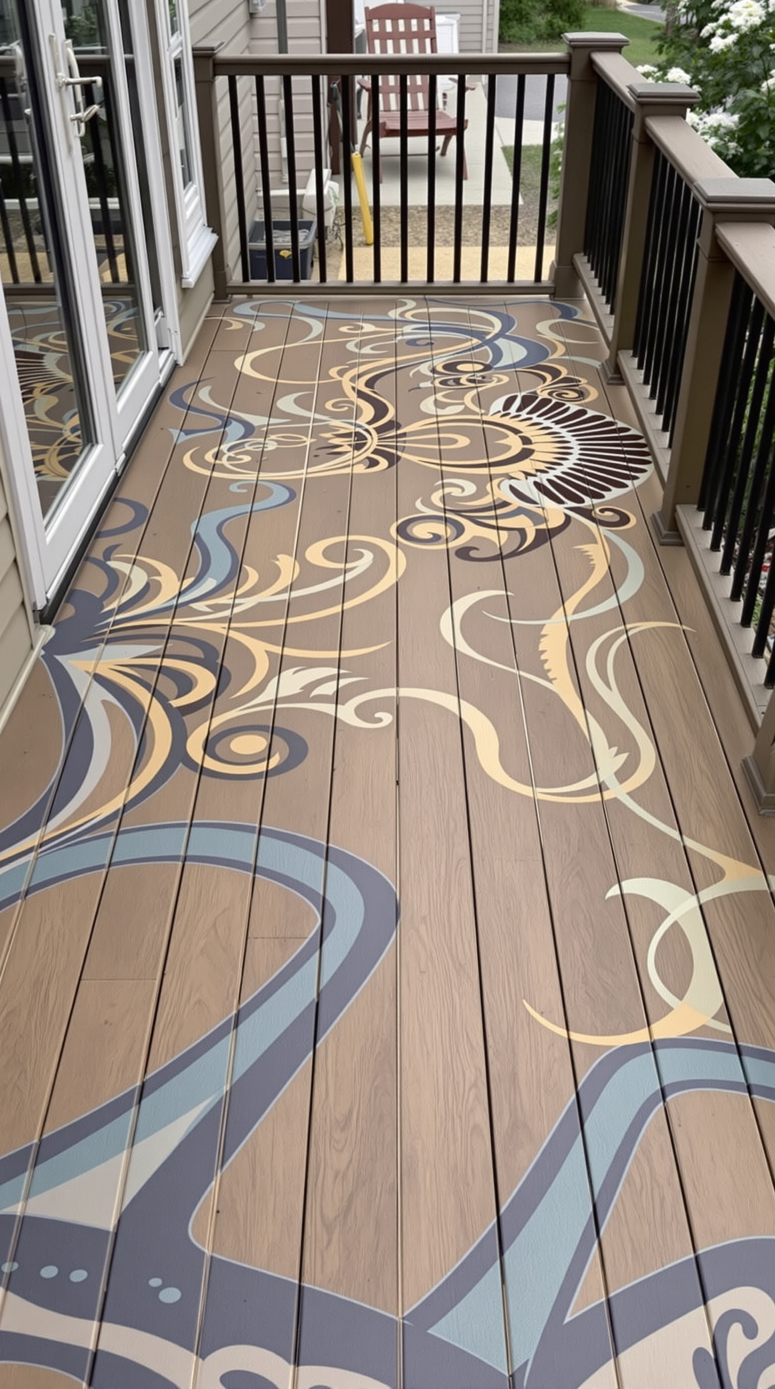 A Trex deck featuring artistic patterns and designs with a mix of warm tones and dark accents, surrounded by greenery.