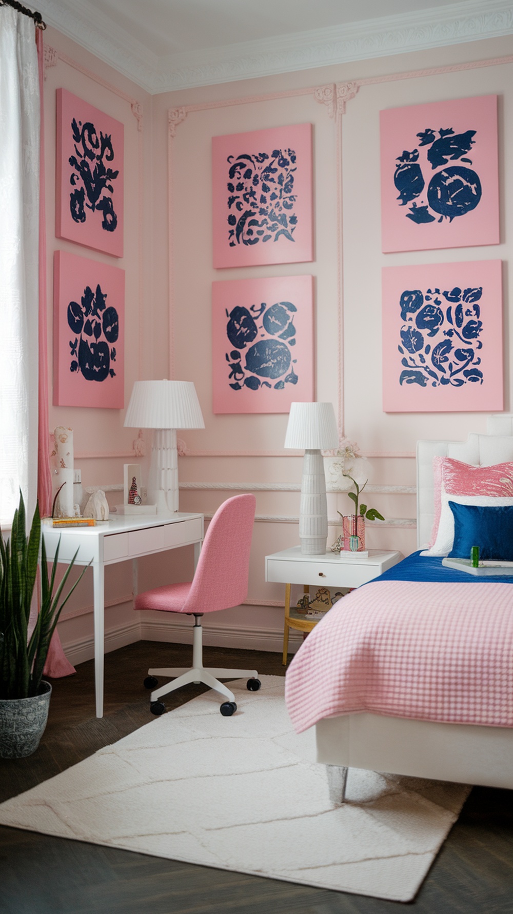 Artistic pink canvas prints on a wall in a stylish bedroom