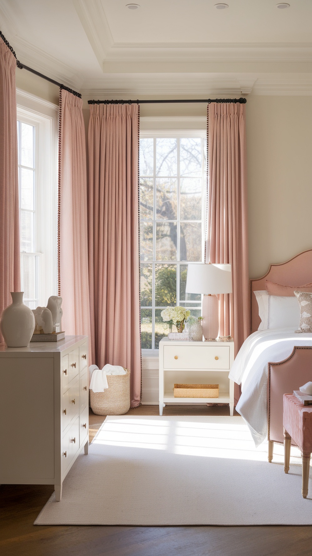 A cozy bedroom featuring blush pink curtains framing a window, with soft lighting and neutral decor.