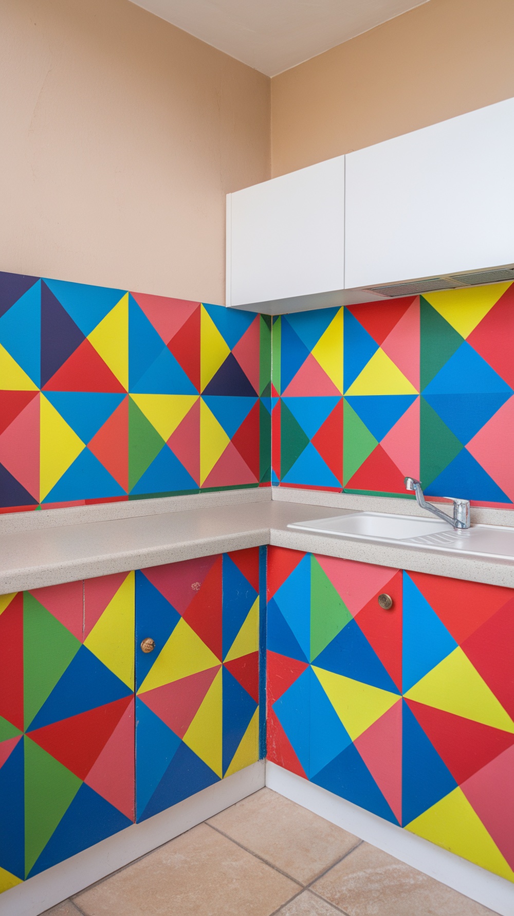 A kitchen with a colorful geometric patterned backsplash featuring triangles in red, blue, yellow, and green.