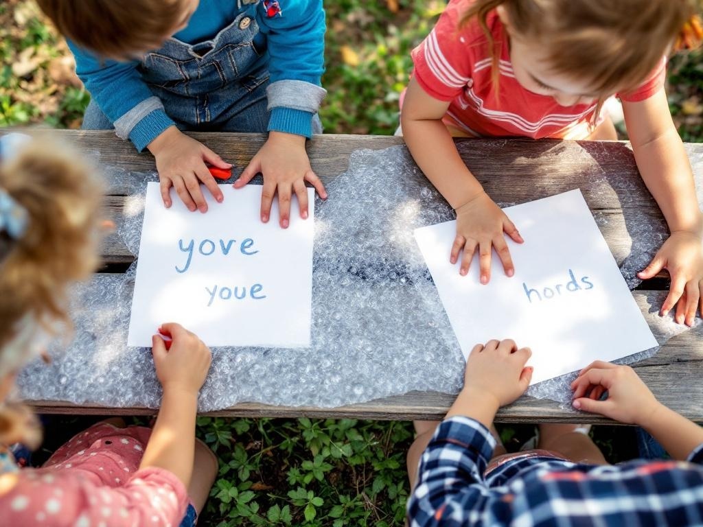 Toddlers engaged in bubble wrap printing activity outdoors.