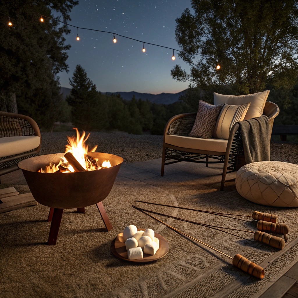 A cozy fire pit surrounded by comfortable seating, perfect for outdoor cooking.