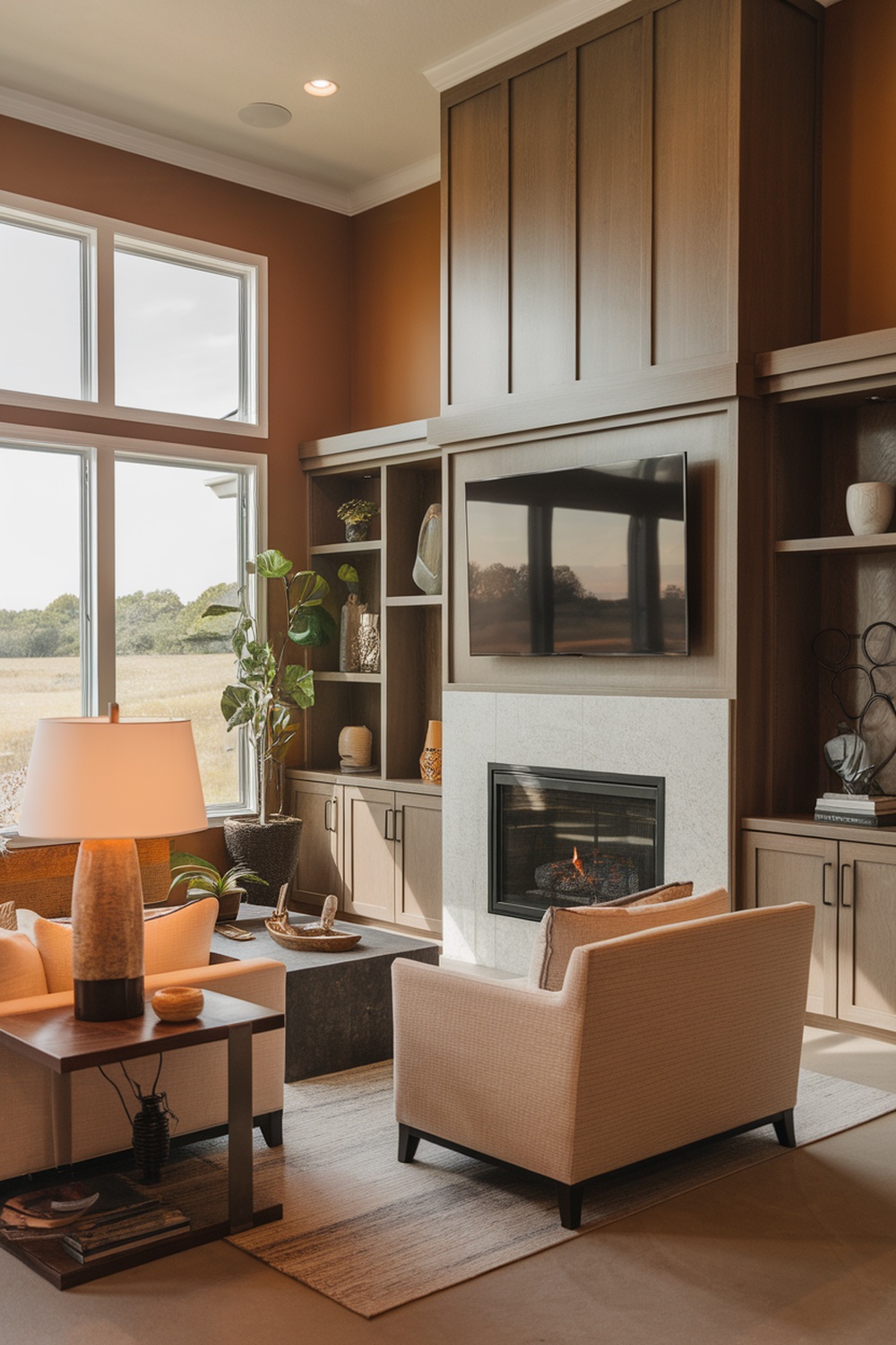 A modern living room with a TV above a fireplace, featuring built-in cabinetry and warm wood tones.