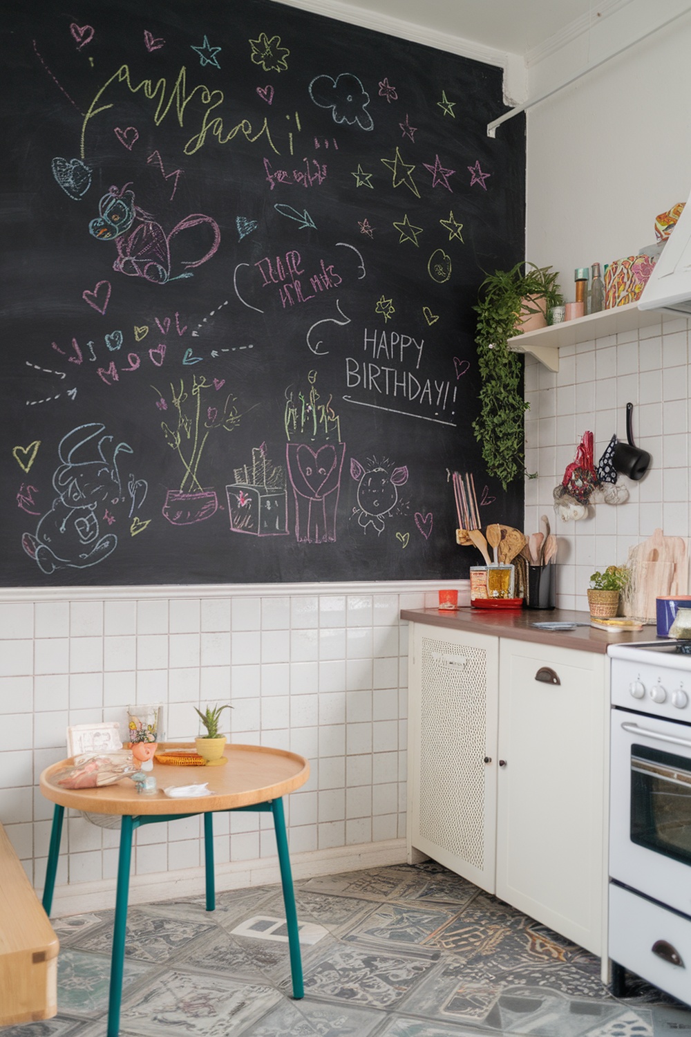 A kitchen with a chalkboard wall covered in colorful drawings and messages.