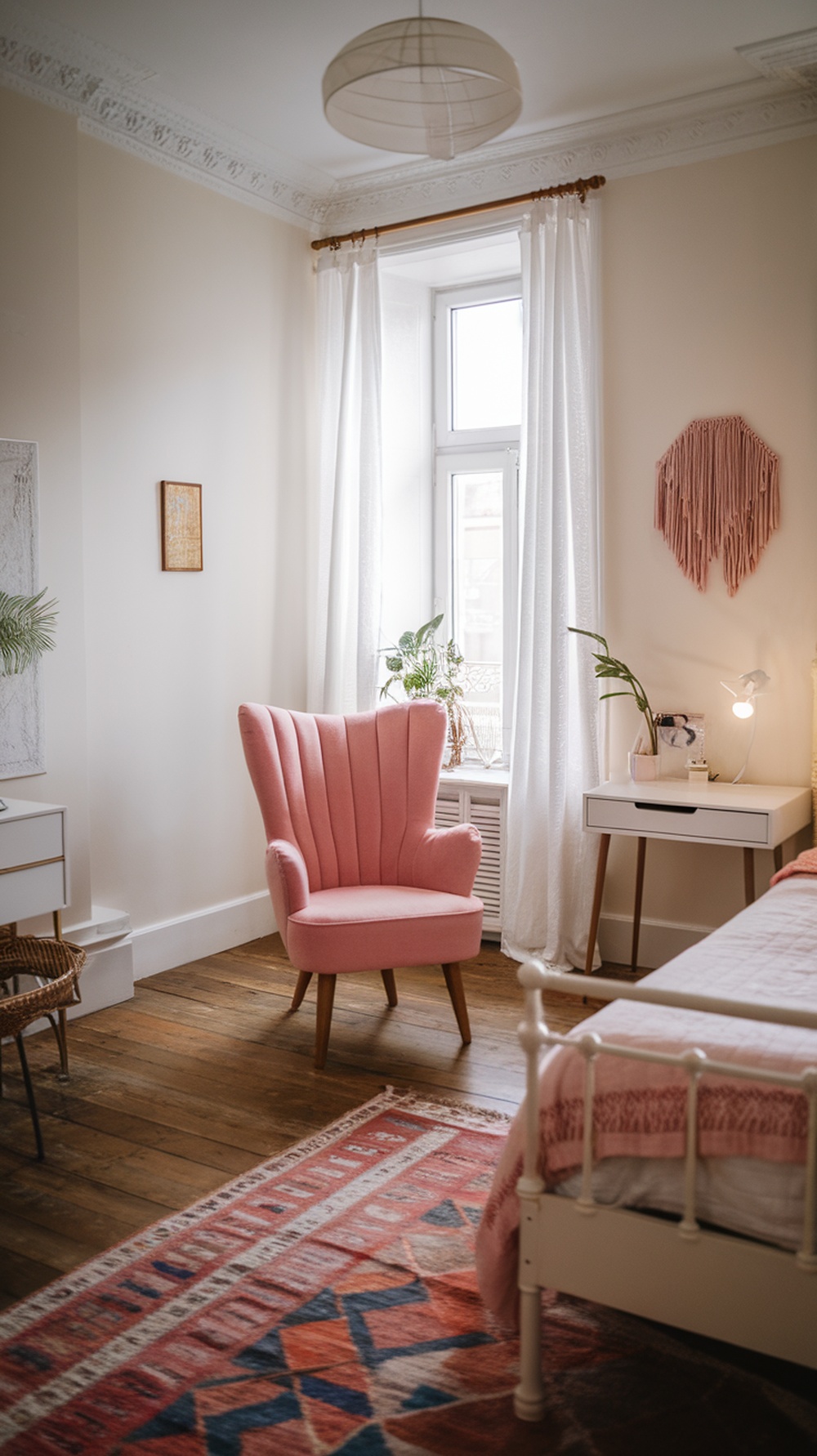 A charming pink accent chair in a cozy bedroom with natural light and soft decor.