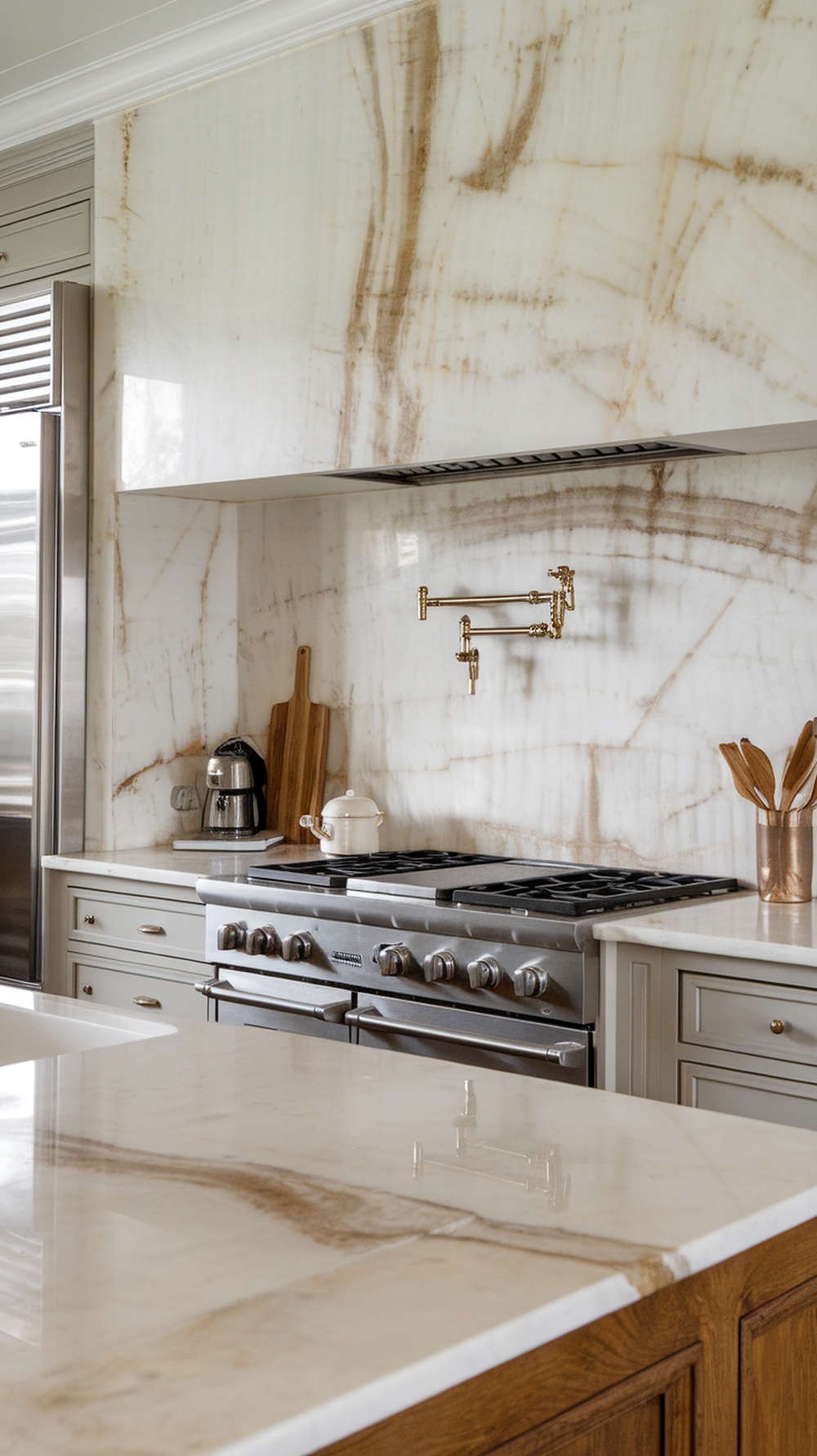 A kitchen featuring a classic white marble backsplash with golden veining, a wooden table, and plants.