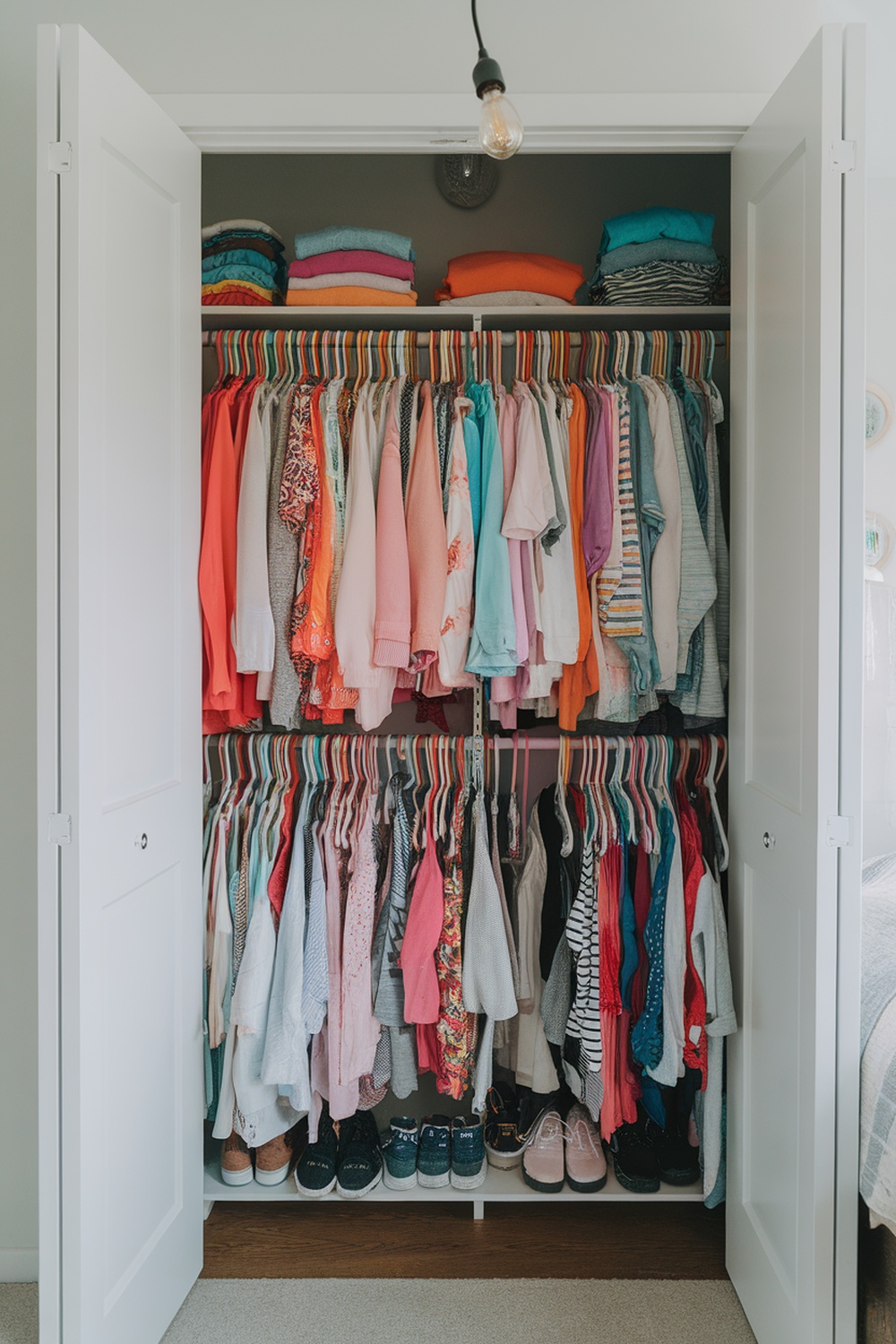 A color-coded closet with neatly arranged clothes and matching hangers.