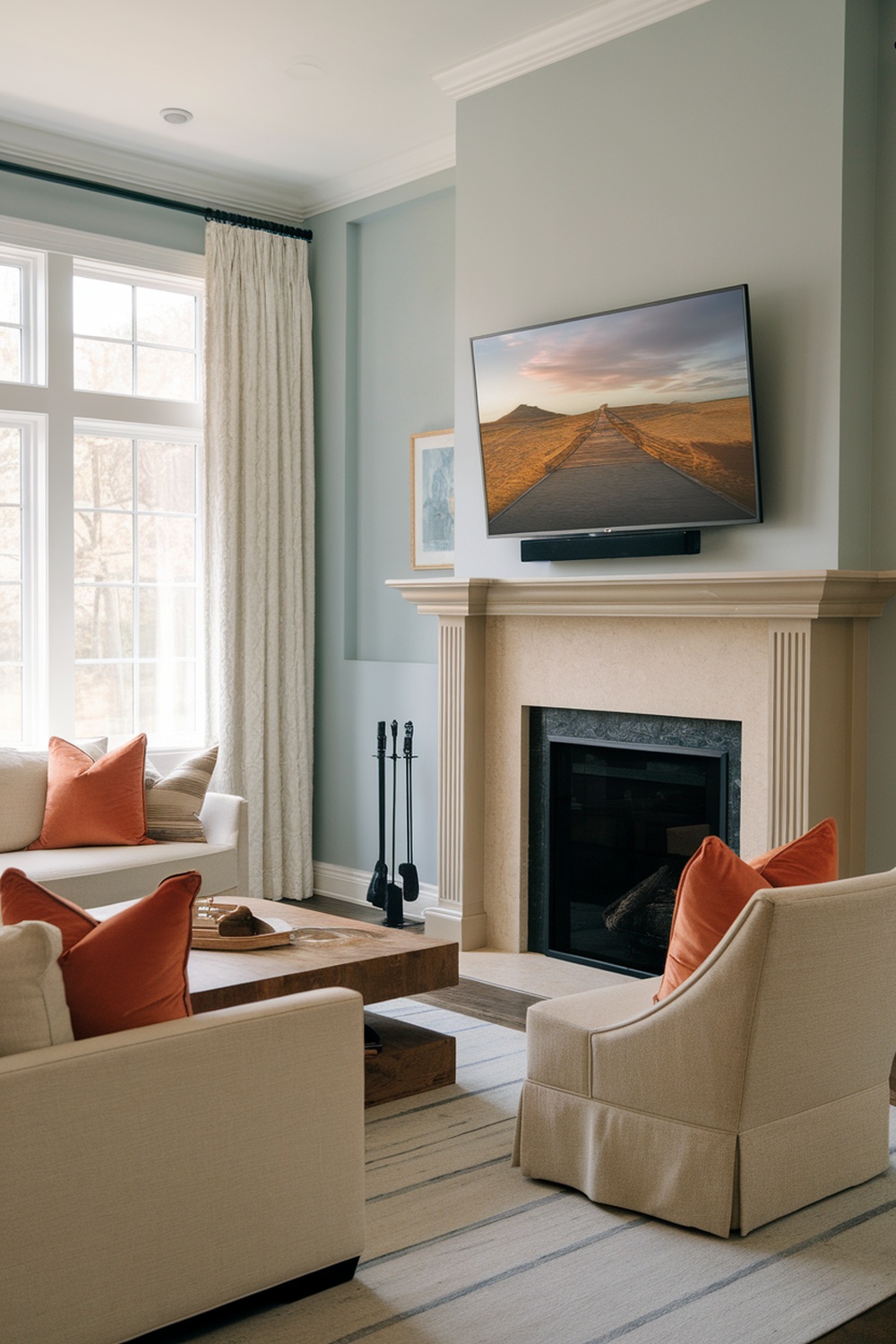 A cozy living room with a TV mounted above a fireplace, featuring soft blue walls and orange accent pillows.