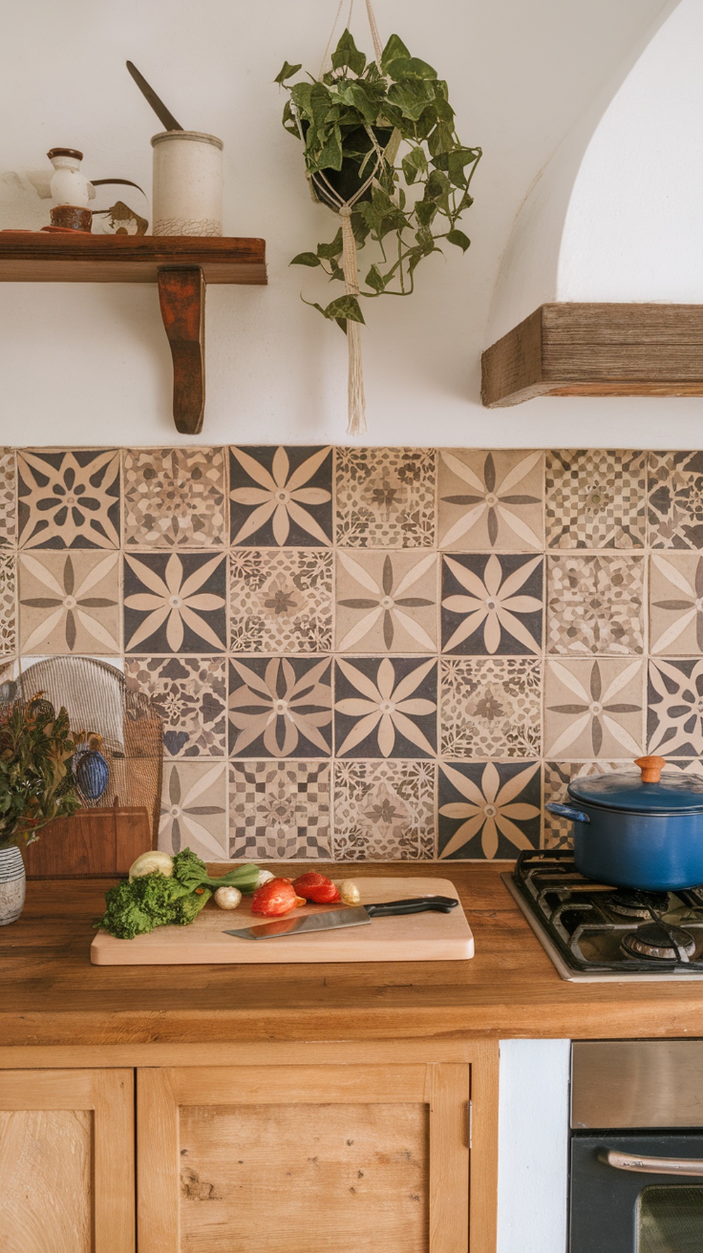 Colorful handmade tiles forming a kitchen backsplash with floral and geometric patterns.