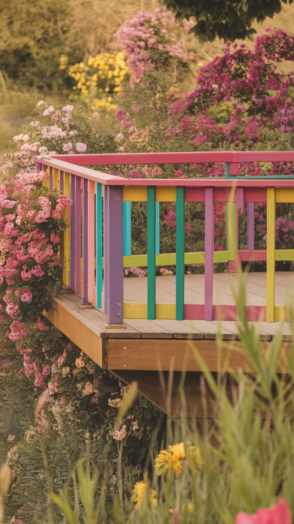 Colorful railing on a deck surrounded by blooming flowers