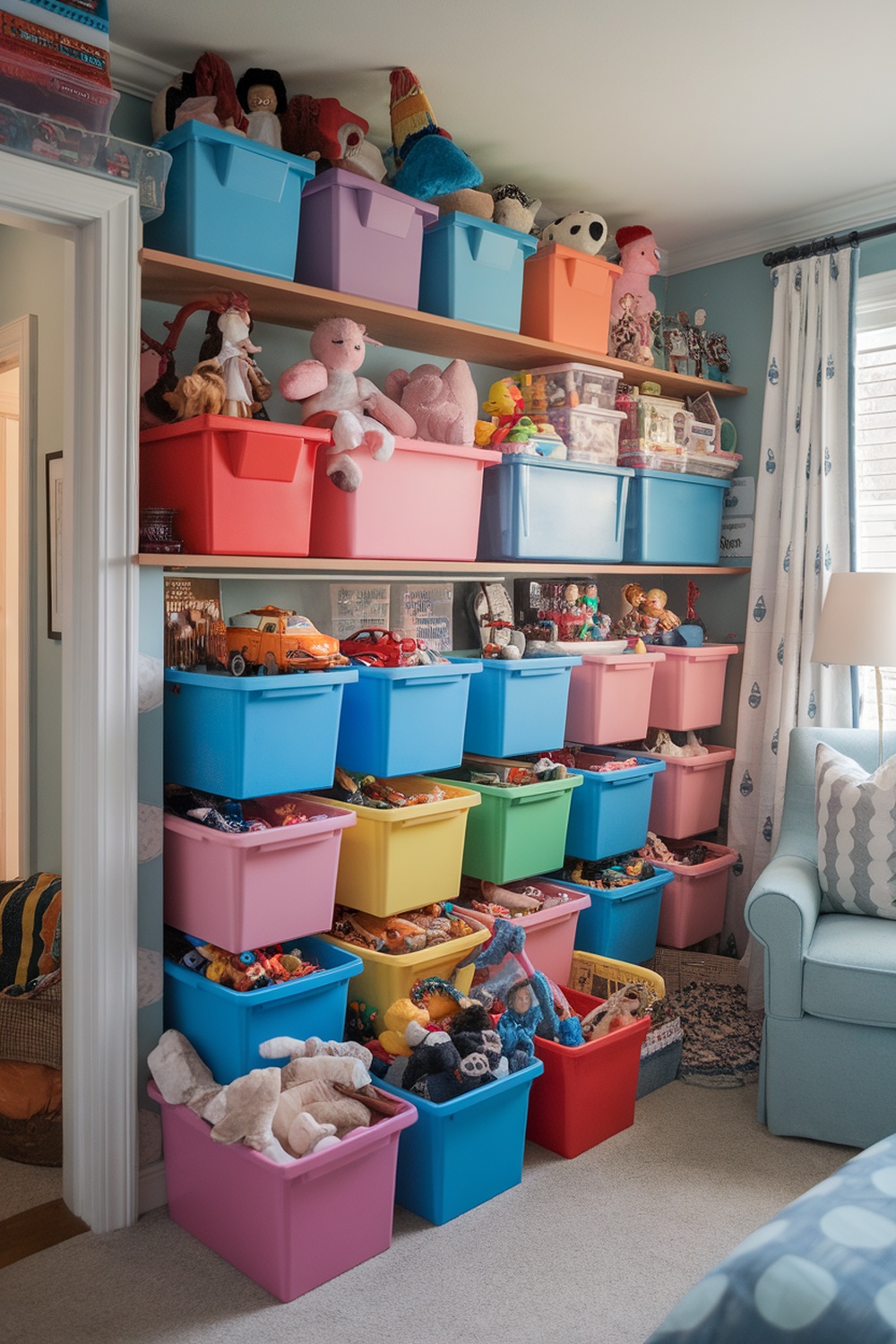 Colorful storage bins filled with toys in a children's bedroom.