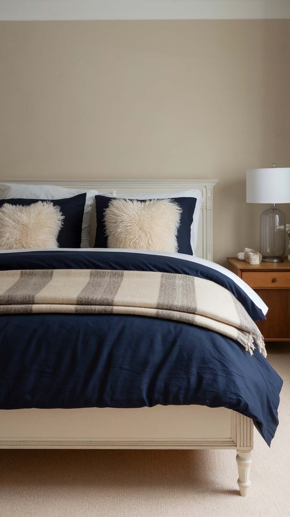 Cozy navy blue bedding with fluffy pillows and a light throw blanket