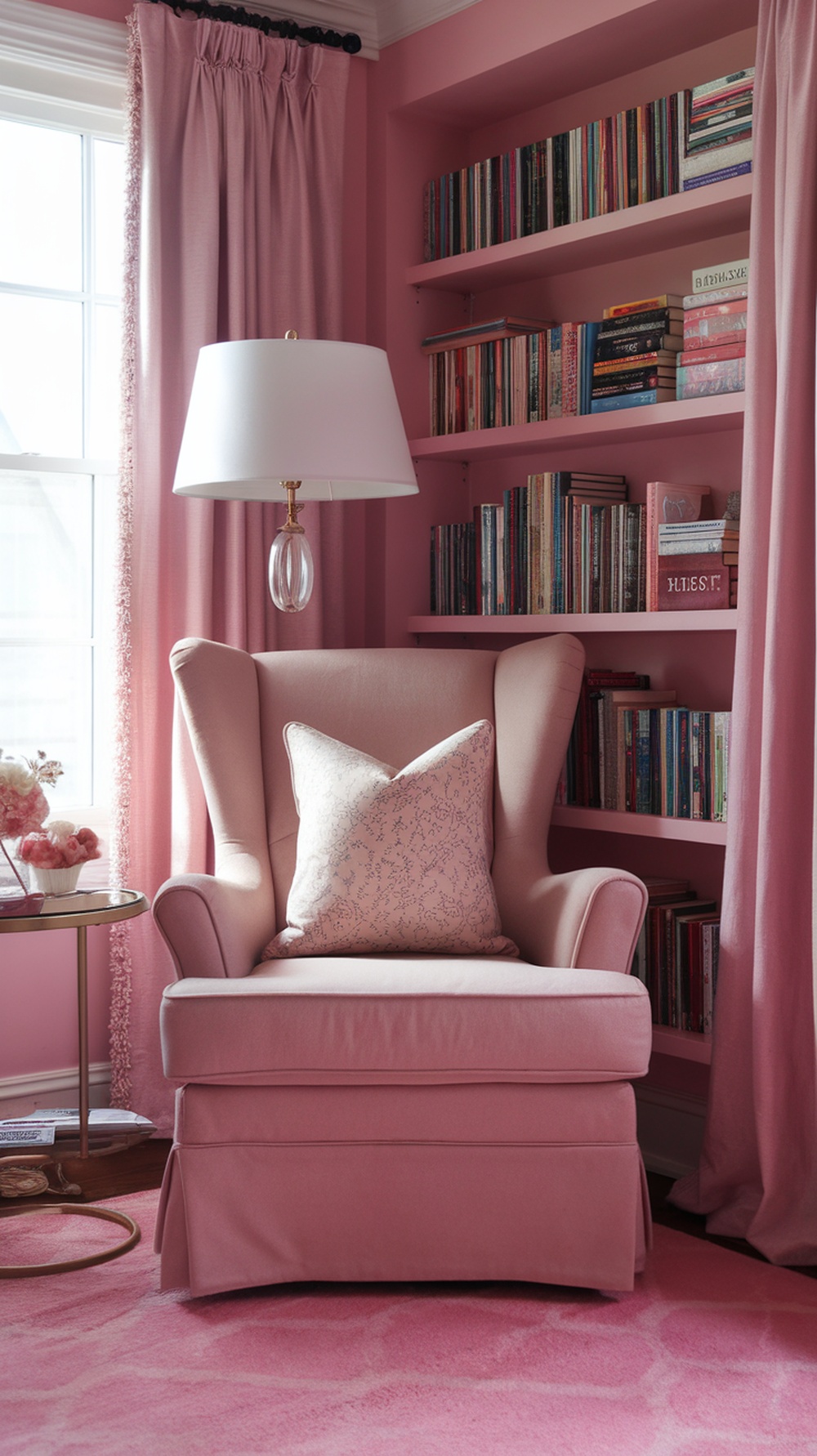 A cozy pink reading nook featuring a plush armchair, decorative pillow, bookshelves filled with books, and a stylish lamp.
