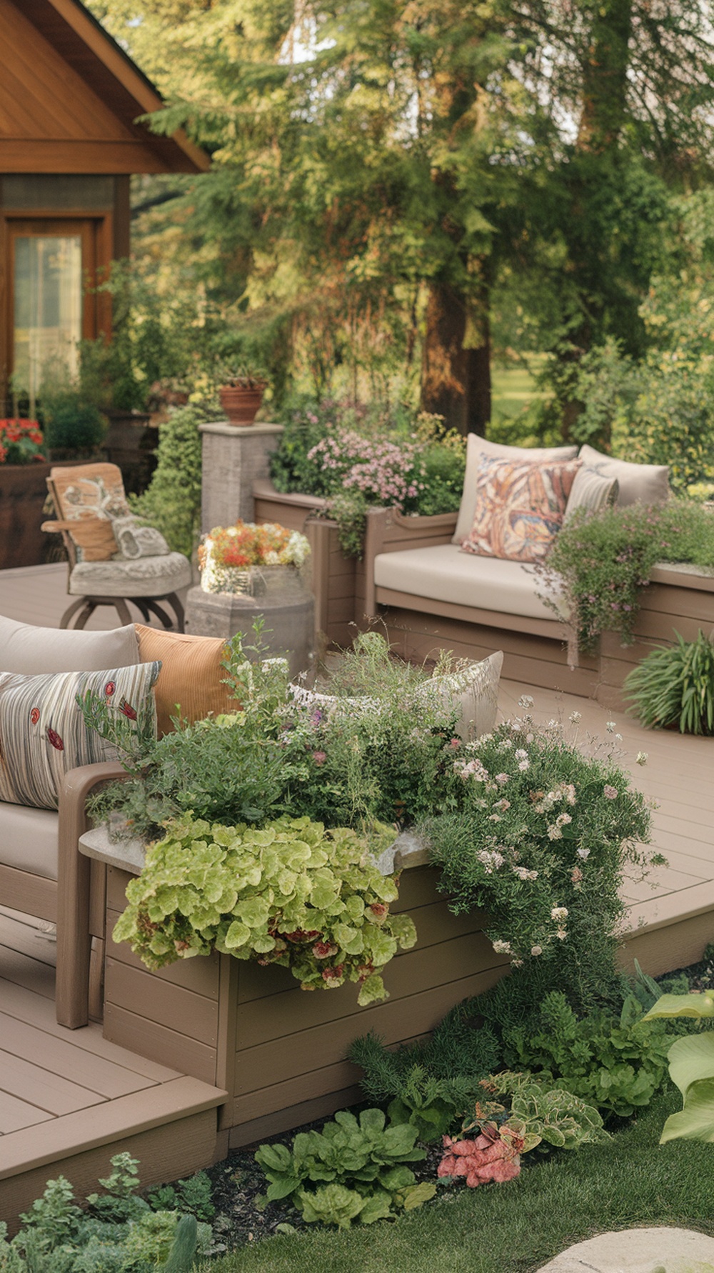 Cozy seating area on a Trex deck with built-in planters filled with colorful plants and cushions.