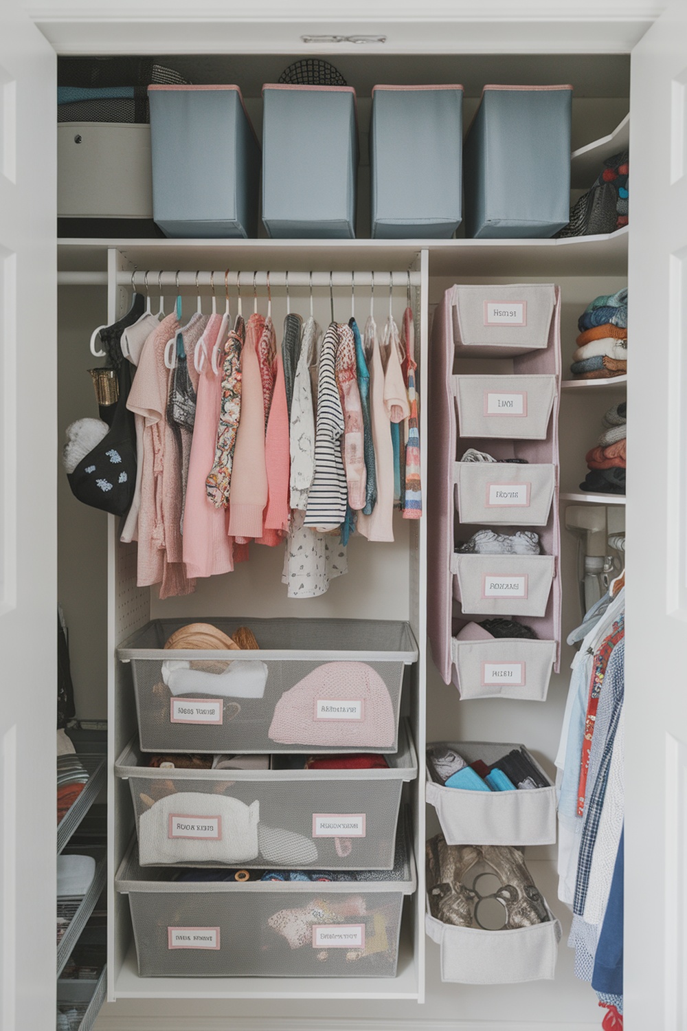 Organized kids closet with labeled bins and neatly hung clothes.