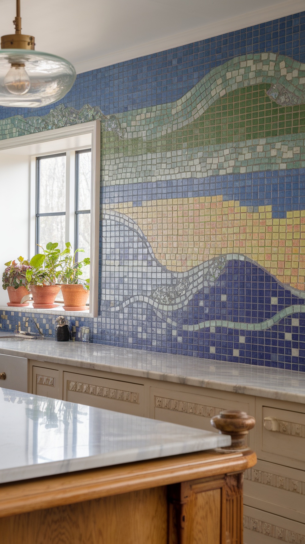 A colorful mosaic backsplash in a kitchen depicting a landscape with flowing lines and various shades of blue, green, and yellow.