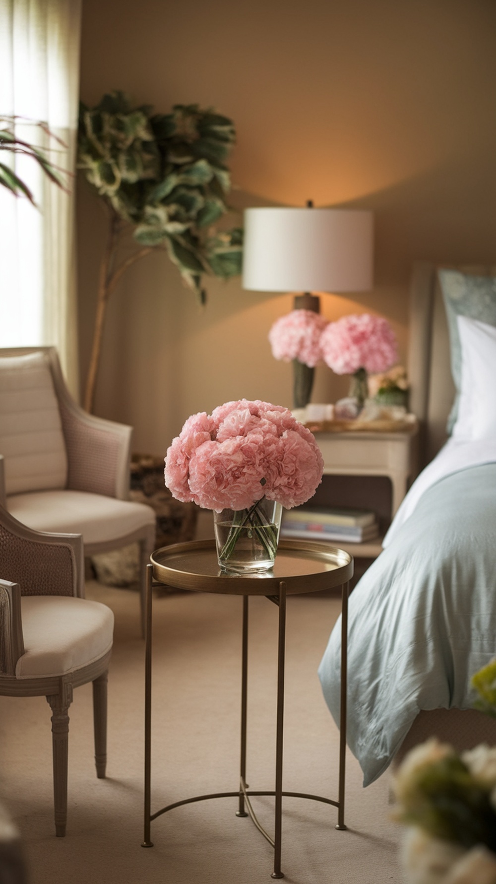 A cozy bedroom featuring a delicate pink floral arrangement on a gold side table, with soft lighting and neutral decor.