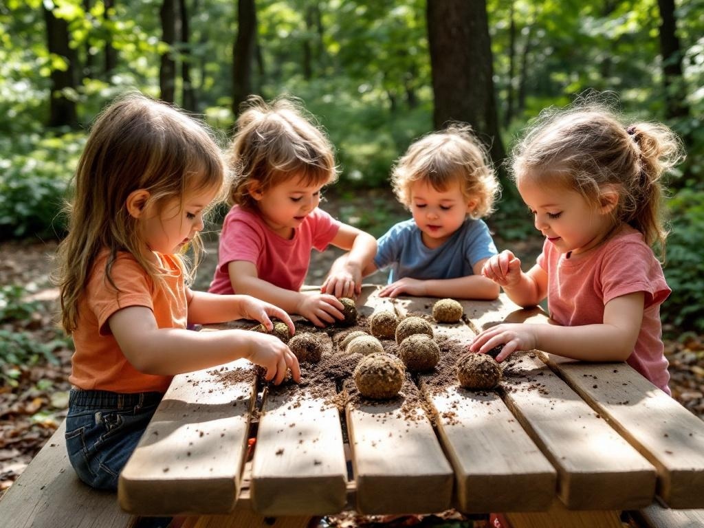 Toddlers making seed bombs with soil and seeds at a picnic table in a forest.