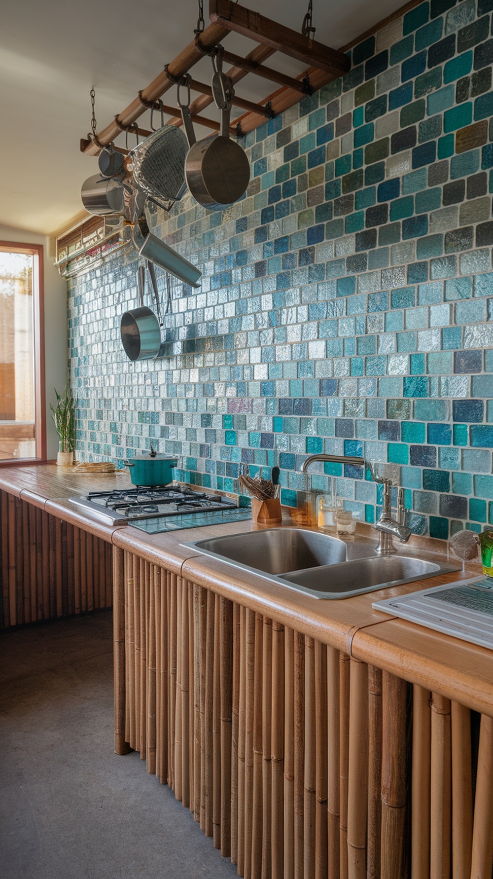 Eco-friendly kitchen backsplash made from recycled glass tiles and bamboo cabinetry.