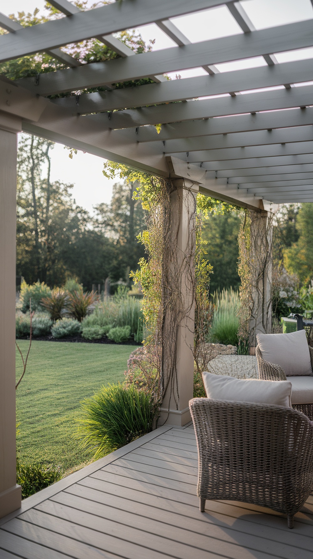 A stylish pergola with climbing vines and comfortable seating on a Trex deck, surrounded by a lush garden.