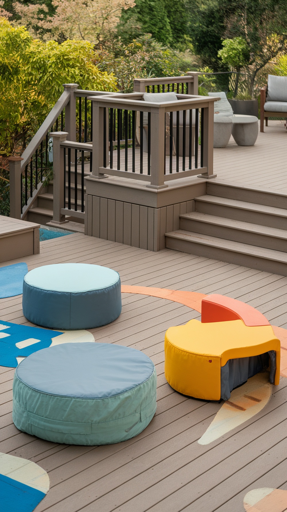 Colorful seating on a Trex deck, creating a family-friendly play zone.