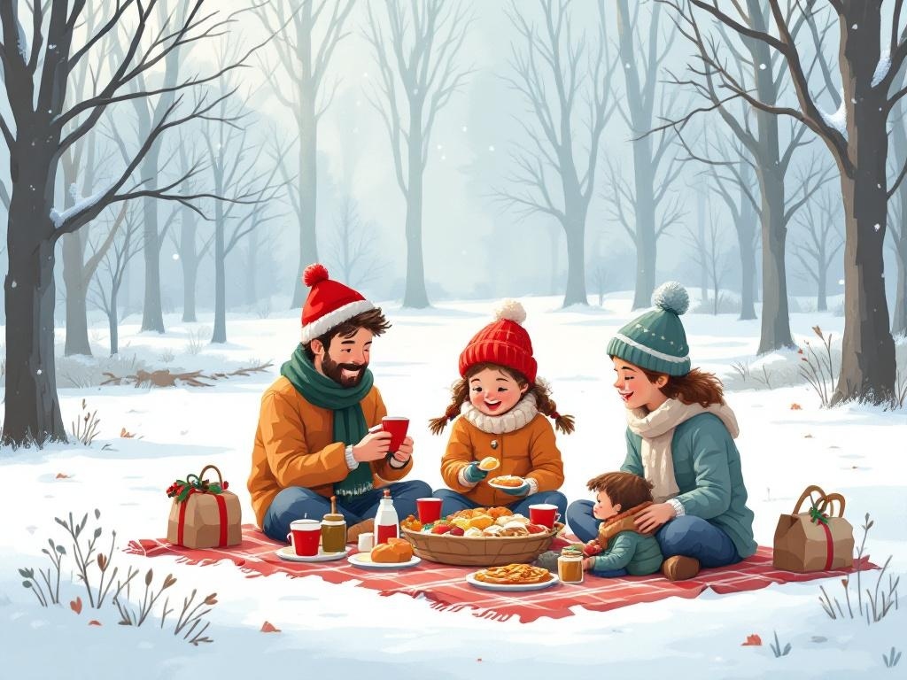 A family enjoying a picnic in the snow, surrounded by trees, with festive food and drinks.