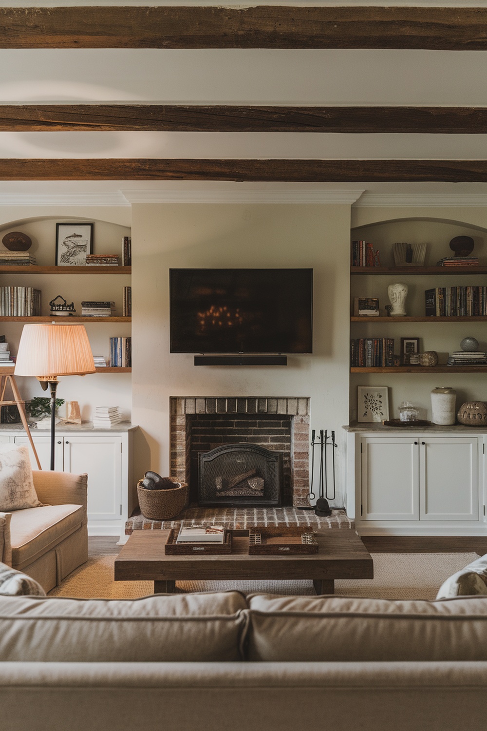 Living room with a TV above a fireplace and floating shelves for storage
