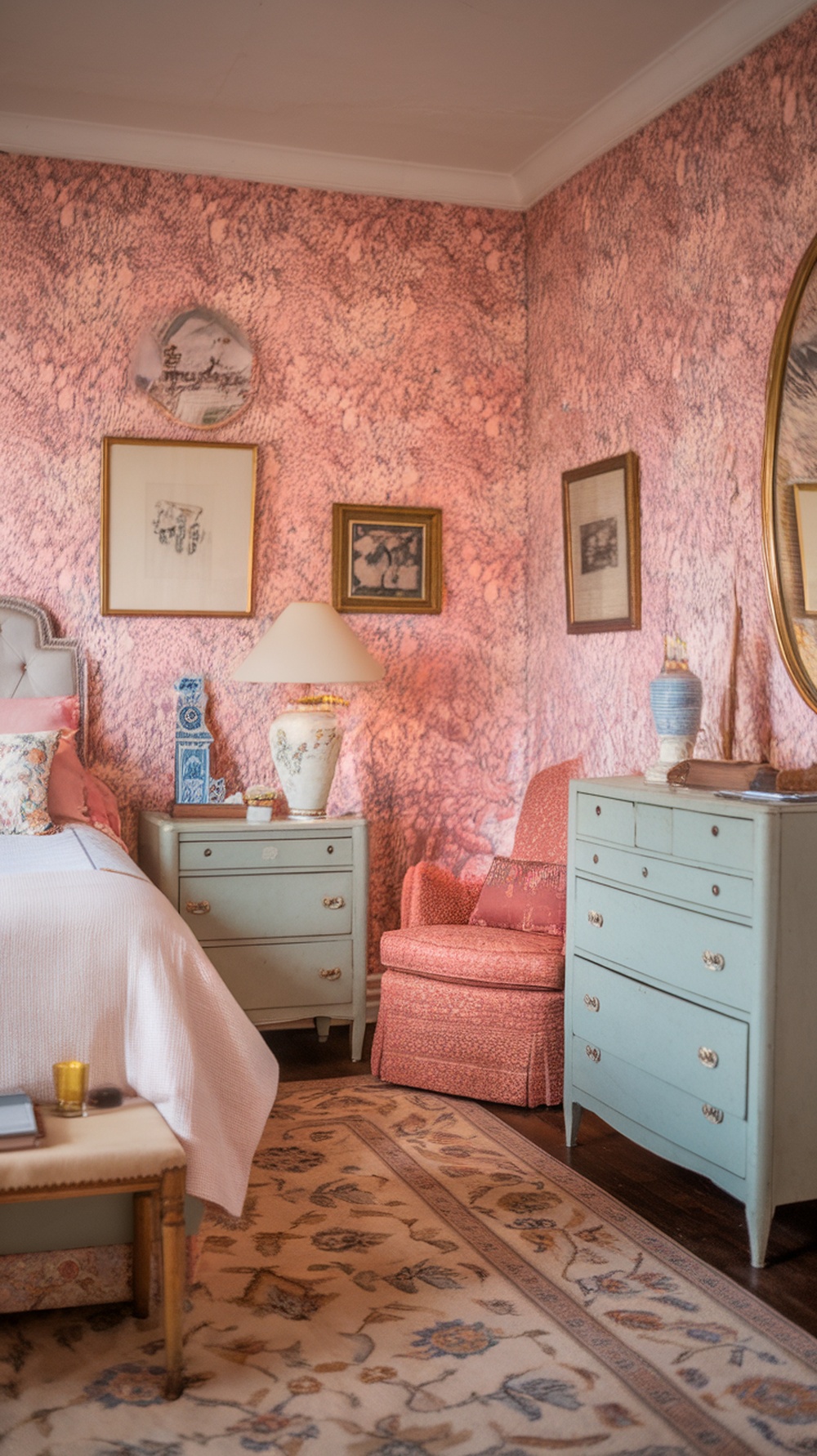 A cozy bedroom featuring floral pink wallpaper, light furniture, and a warm atmosphere.