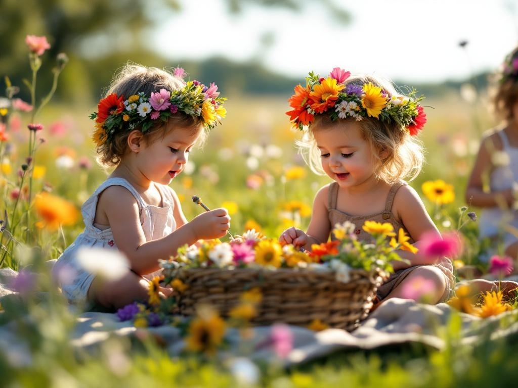 Two toddlers sitting in a field of flowers, making flower crowns with colorful blooms.