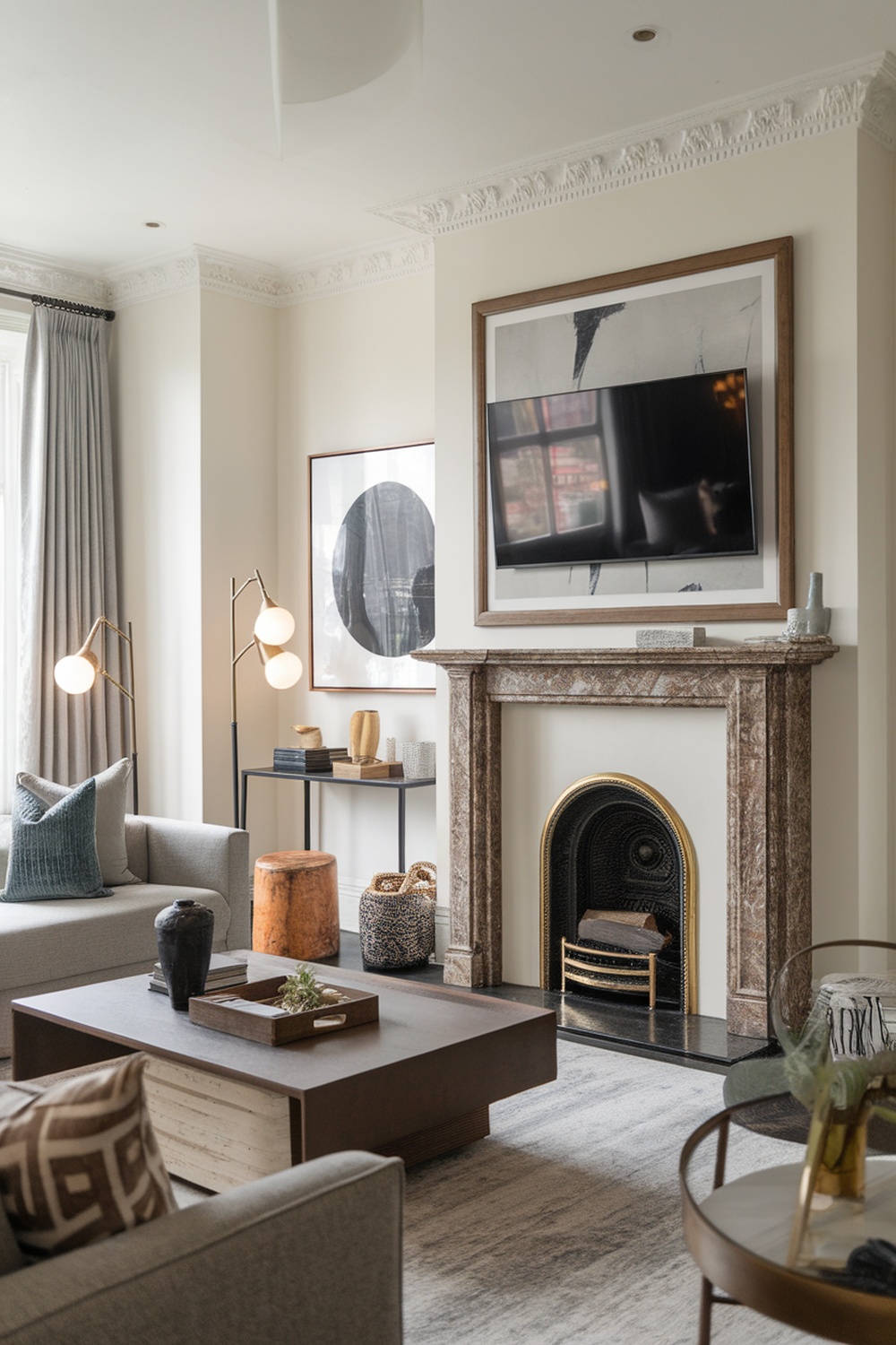 A stylish living room with a TV above a fireplace, framed artwork on the wall, and modern furnishings.