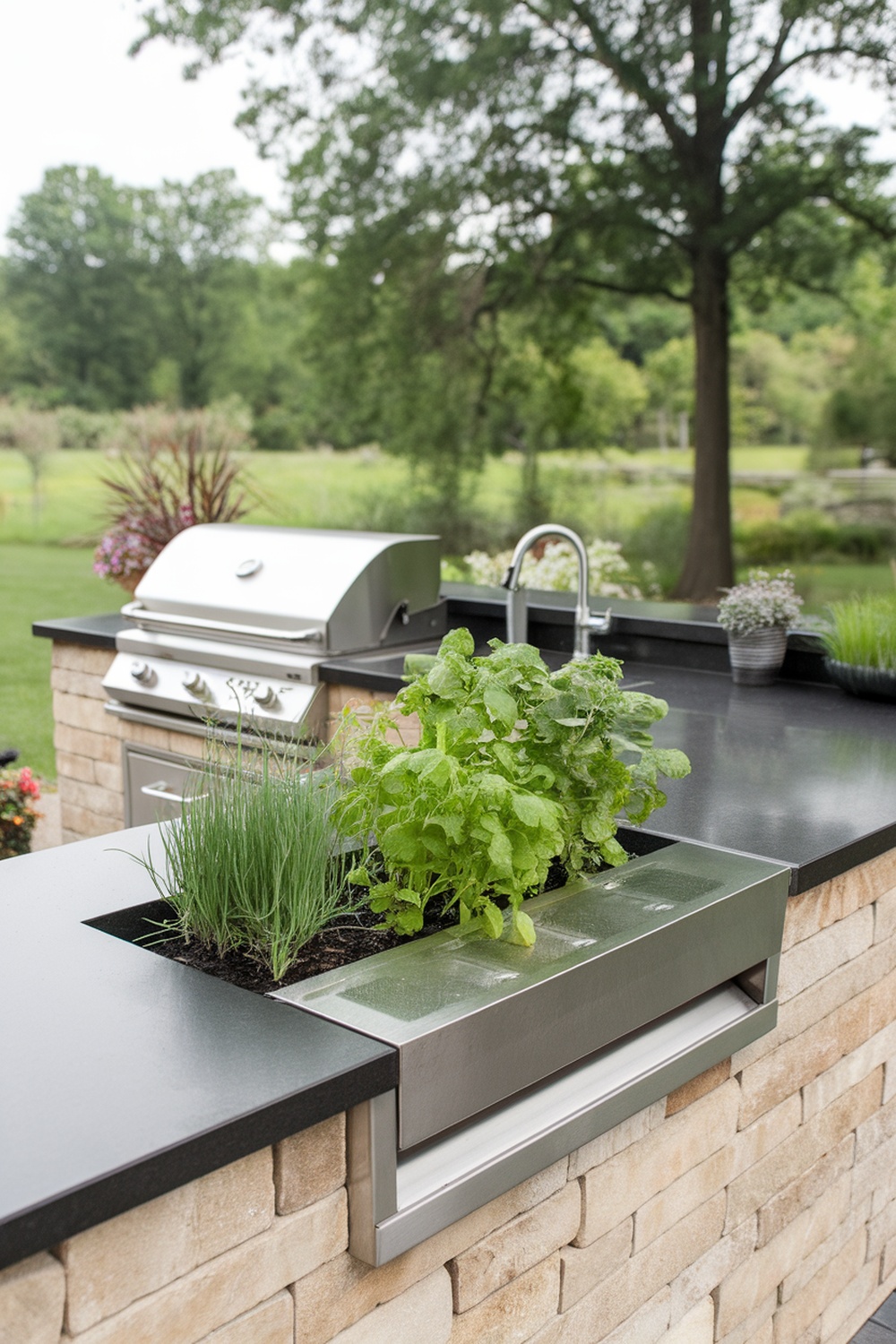 Outdoor kitchen with a built-in herb planter featuring fresh herbs like chives and mint.