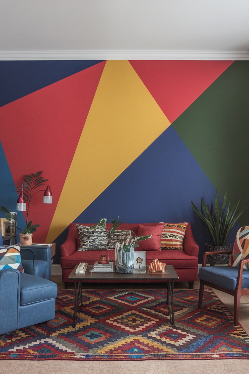 A modern living room featuring a geometric wall painting with vibrant colors and stylish furniture.