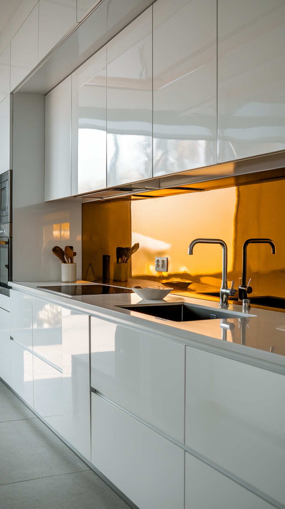 A modern kitchen with a shiny golden glass backsplash and sleek white cabinets.