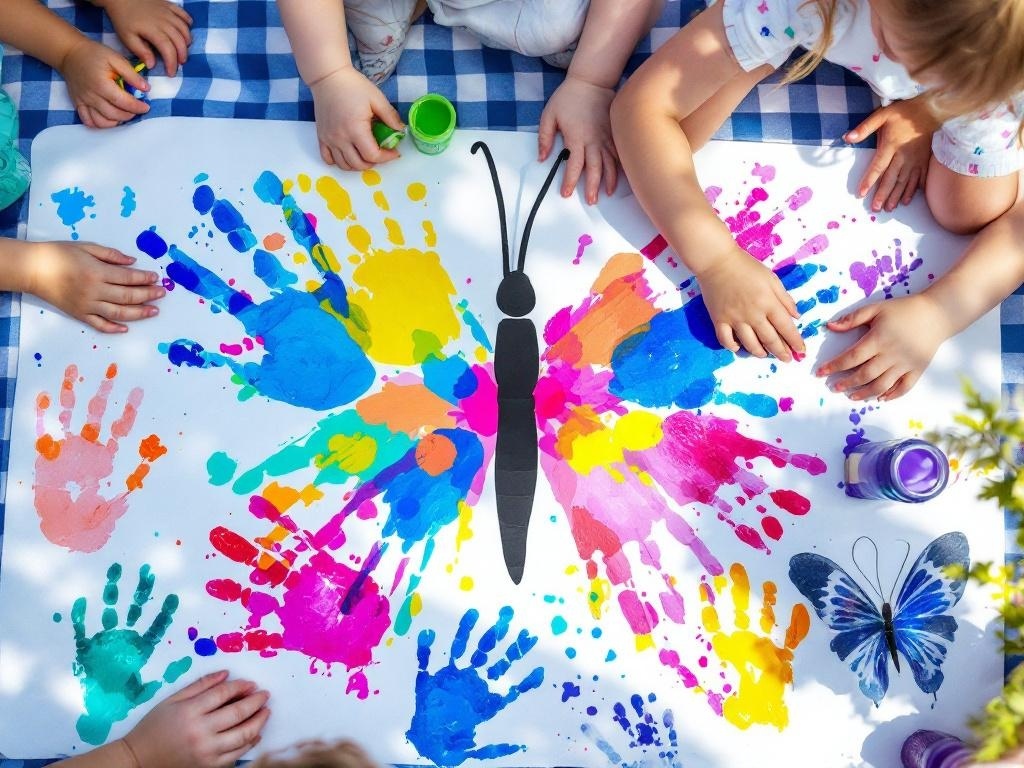 Toddlers creating handprint butterfly art with colorful paint on a large sheet of paper.