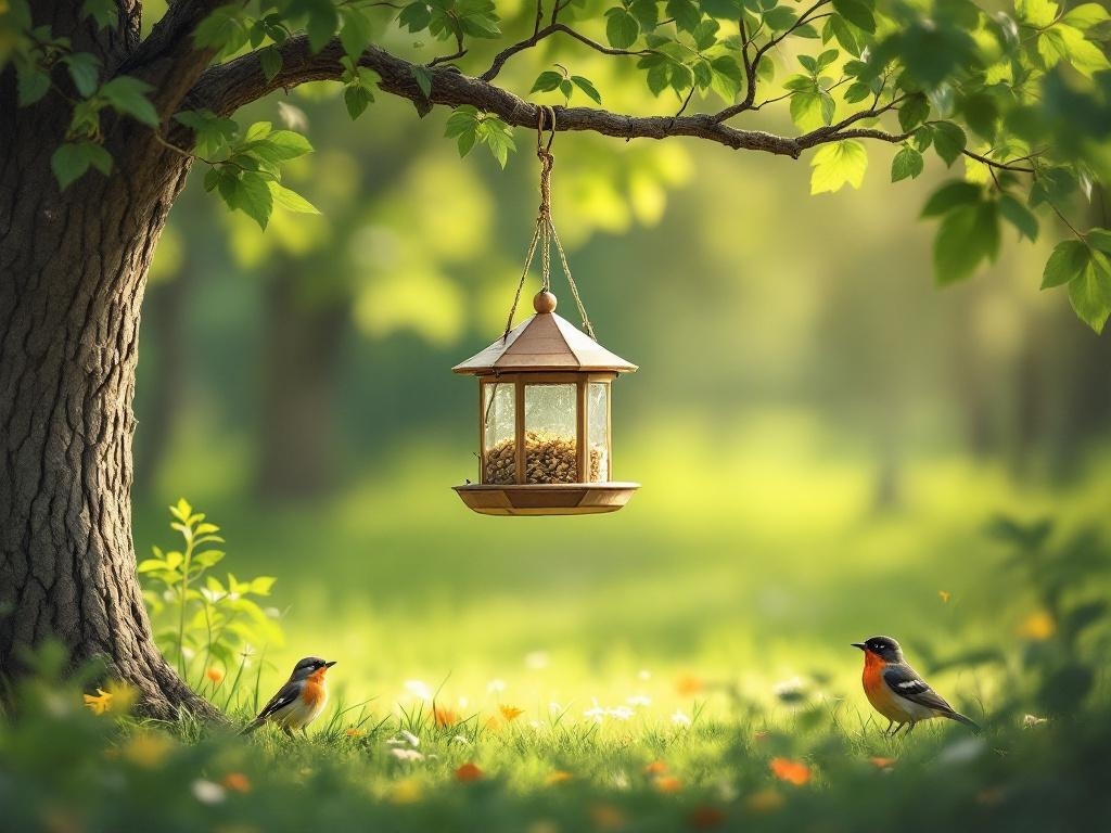 A beautiful bird feeder hanging from a tree branch with birds nearby.