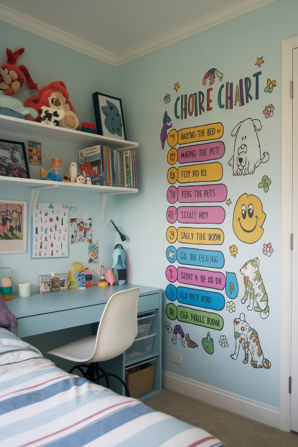 Colorful chore chart on a bedroom wall with tasks listed for kids.