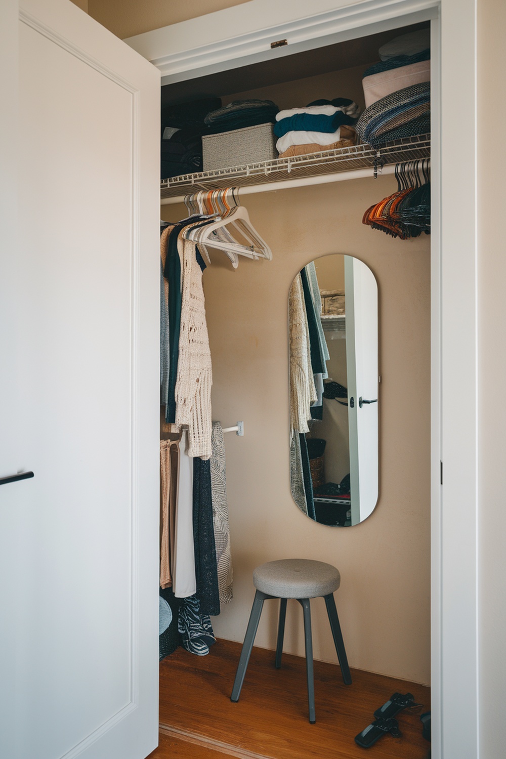An open closet with clothes on hangers, a mirror, and a stool