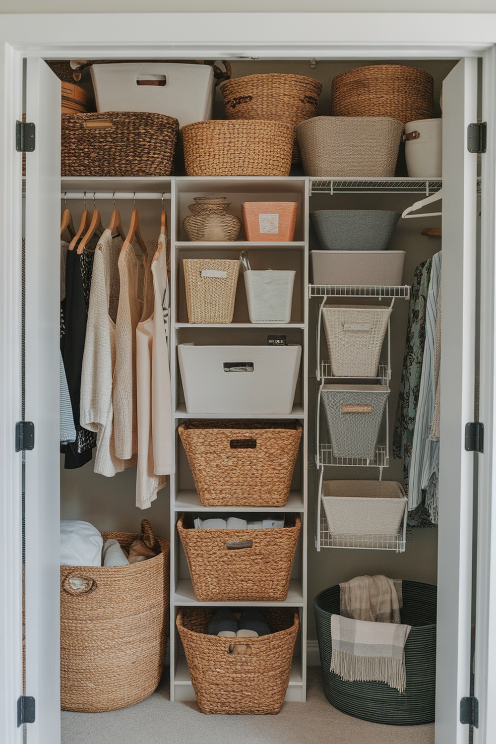 An organized open closet featuring various baskets and bins for storage.